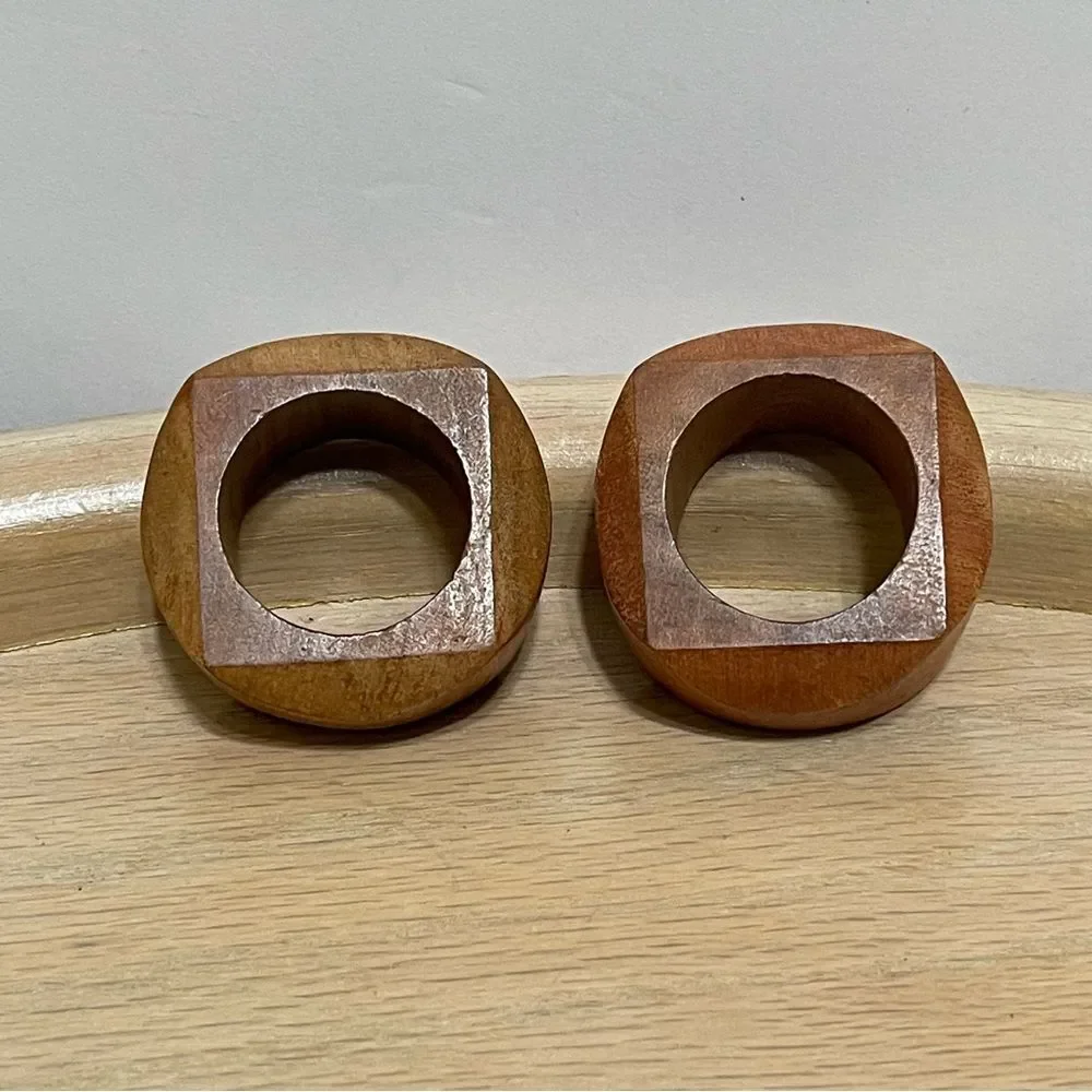 Vintage Artisan Crafted Wooden Geometric Shape Napkin Rings Rustic MCM Set of 2